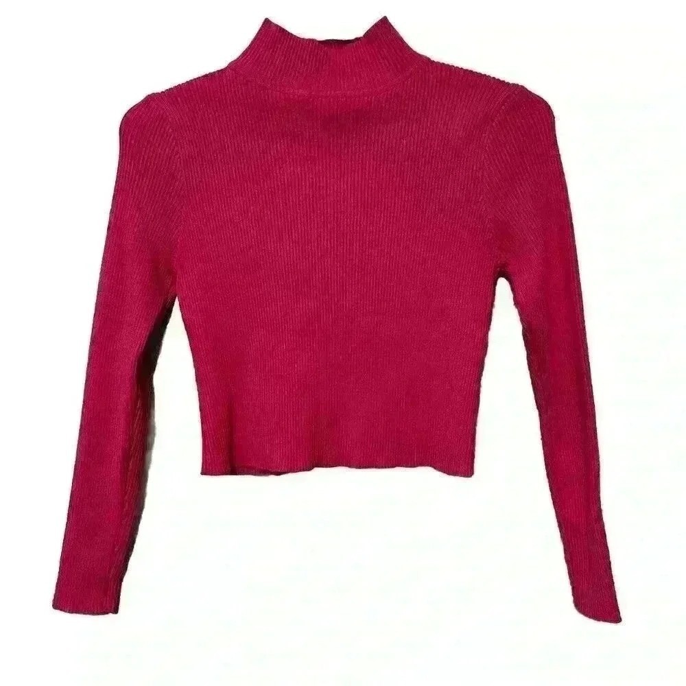 Paper Heart Hot Pink Mock Neck Ribbed Crop Sweater S